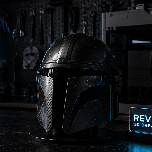 Darkly lit room with a helmet and neon sign on a shelf
